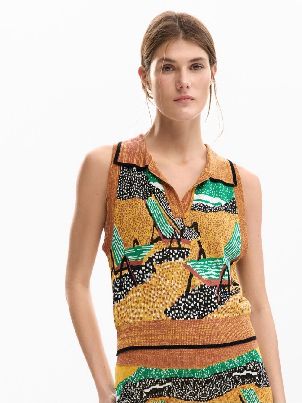 Desigual sleeveless knit top in mustard, green, black